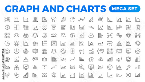 Growing bar graph icon set. Business graphs and charts icons. Statistics and analytics vector icon. Statistic and data, charts diagrams, money, down or up arrow.Outline icon collection.