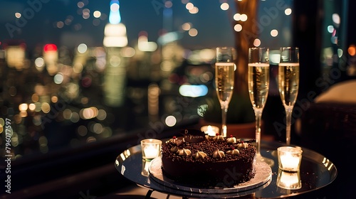 Decadent chocolate birthday cake served alongside glasses of champagne at a chic rooftop wedding soir?(C)e, with the city skyline twinkling in the background under a starry night sky