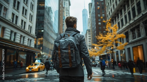 A handsome man wearing a business backpack and walking to work in the streets of New York. Generative AI.