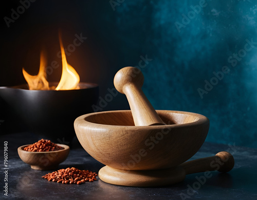 mortar and pestle with spices, mortar and pestle
