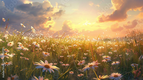 A scenic view featuring sunlit wild daisies against a vibrant sunset backdrop.