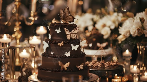Exquisite chocolate birthday cake featuring handcrafted sugar butterflies and intricate lace detailing, showcased on a dessert table at a romantic candlelit wedding reception