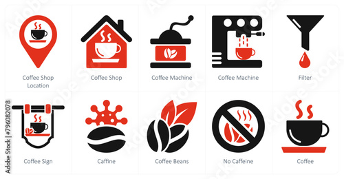 A set of 10 coffee icons as coffee shop location, coffee shop, coffee machine