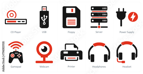 A set of 10 computer parts icons as cd player, usb, floppy