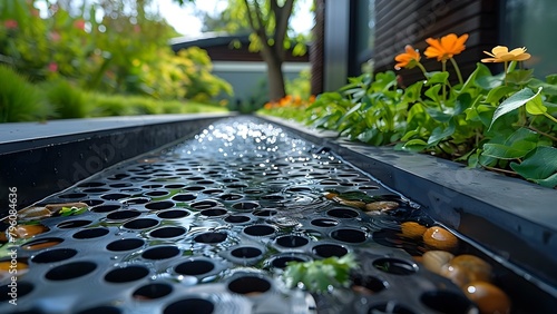 Ecofriendly drainage system for managing rainwater in urban areas. Concept Urban drainage, Sustainable water management, Eco-friendly infrastructure, Rainwater harvesting, City planning