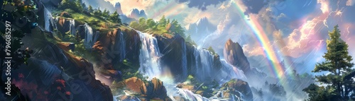A waterfall cascades down rocky terraces, its mist creating rainbows that hover in the spray, a dynamic watercolor scene, kawaii, bright water color