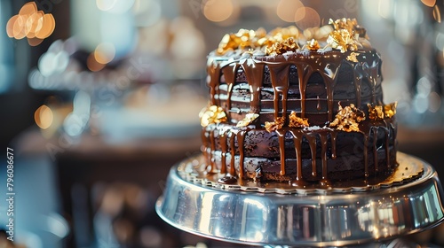 Tempting close-up of a triple-layer chocolate birthday cake drizzled with caramel sauce, adorned with edible gold leaf, and presented on a silver platter at an extravagant wedding reception