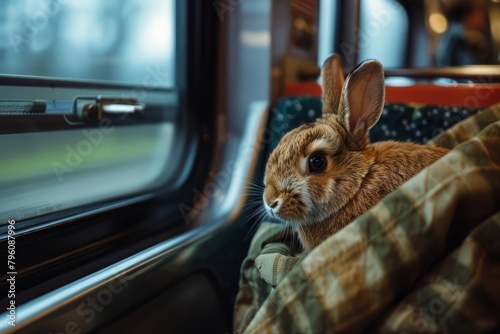 On a bustling train, a bunny with floppy ears peeks curiously from a soft, padded travel carrier, its nose twitching at the new scents and sights