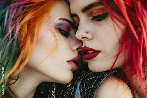 Dual portrait of stunning punk-styled young women with vibrant, dyed hair. Punk aesthetic. Intimate kiss. Urban subcultures