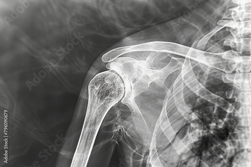 Radiograph depicting artificial joint replacement of the shoulder