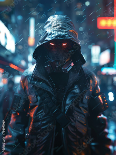 Produce a compelling, photorealistic frontal view of a man in a sleek cyber-themed attire, executing a daring robbery with intricate digital elements surrounding him Capture the tension and intensity