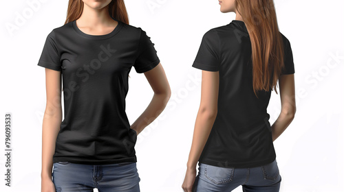 Mockup of clothes worn by a model. Close up of full upper body part from hip to neck on plain background. A woman wearing a basic black t-shirt on a plain white background. Both front and back side.