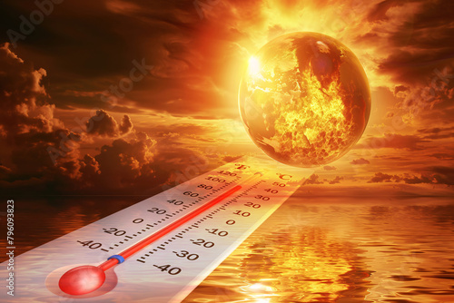 Thermometer fiery illustration of Earth's rising temperature, concept of global warming climate change