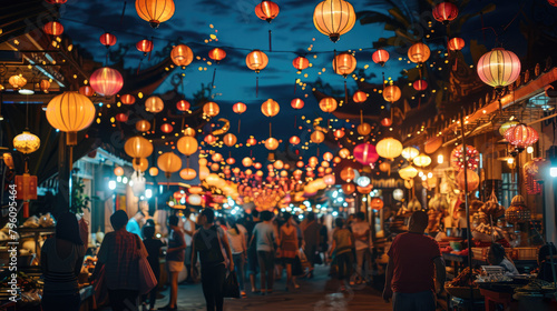 Fireworks night market, bustling and colorful, neon glow, food stalls, crowds of people, traditional lanterns, vibrant atmosphere. Generative AI.