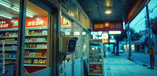 cctv at an entrance to a convenience store. Generative AI.
