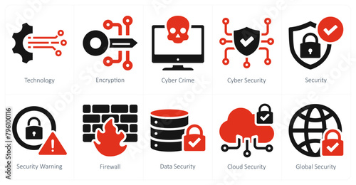 A set of 10 cyber security icons as technology, encryption, cyber crime
