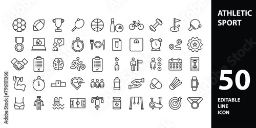 Fitness and Workout Line Icons. Editable Stroke. Pixel Perfect. For Mobile and Web. Contains such icons as Bodybuilding, Heartbeat, Swimming, Cycling, Running, Diet.