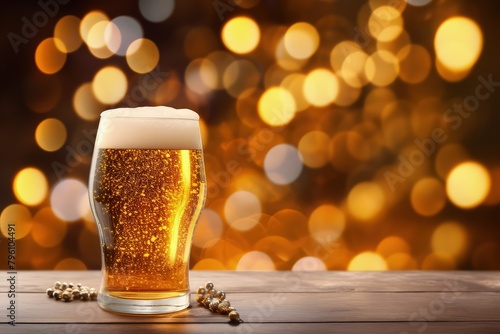 A glass of beer with frothy head sits on a wooden table in front of a blurred background