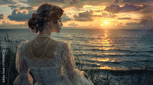 A graceful woman adorned with pearls and a vintage lace dress