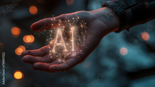 Uma mão humana estendida com um holograma da sigla IA na palma
