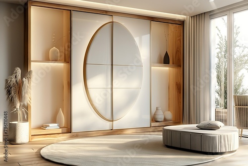 Modern Minimalist Bedroom Interior with Wooden Glossy Sliding Wardrobe Doors