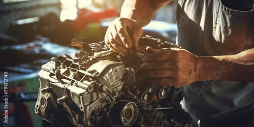 Auto mechanic repairs engine in auto repair shop temperature mechanic background 