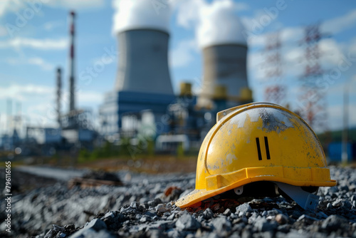 Worn Safety Helmet at Industrial Power Plant Site