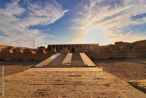 The Temple of Seti at Abydos with 42 steps leading to the entrance in the afternoon sun ,built in 13th century BC by the Pharoah Seti I near Abydos,Egypt