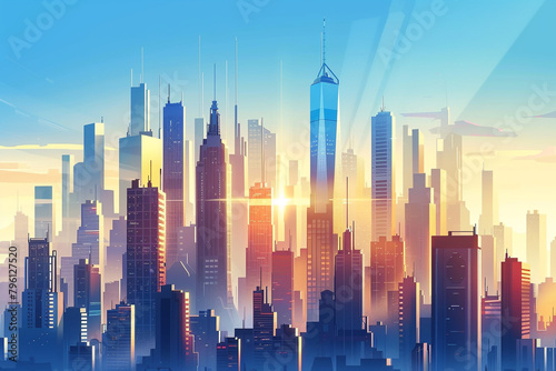 Modern skyscrapers, smart city, blue background, warm sun rays, futuristic district ultra detailed