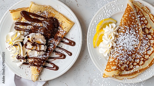 A top down shot of a plate of chocolate hazelnut spread nutella crepes with whipped cream next to another plate of lemon and powdered sugar crepes