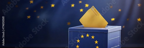Man putting ballot in a box during elections in europe in front of flag. Animated illustration of european union voting concept.