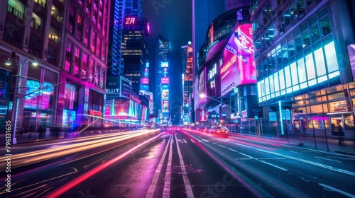 A bustling urban street lined with towering buildings ablaze with colorful lights, capturing the dynamic energy and vibrancy of the city nightlife.