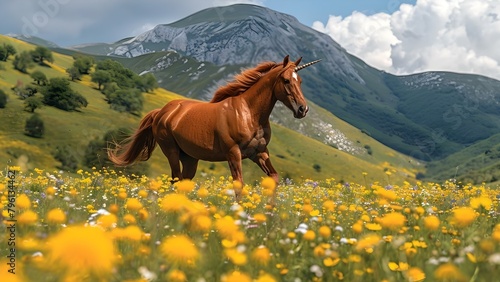 Horses roam freely through vibrant landscapes of mountains and meadows. Concept Nature, Animals, Freedom, Landscapes, Beauty