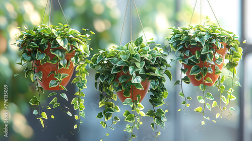 Three meticulously positioned house plants, each hanging in its pot with precise spacing between them, creating an elegant and balanced arrangement that elevates the décor of any space