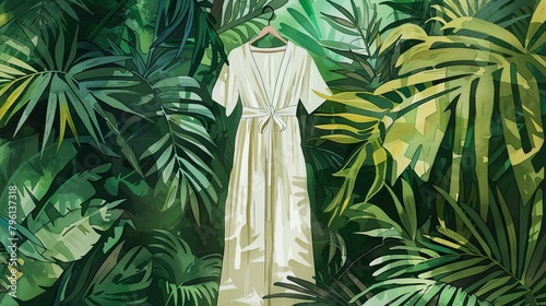 Watercolor illustration of a chic, flowing maxi dress made from organic cotton, set against a backdrop of lush greenery