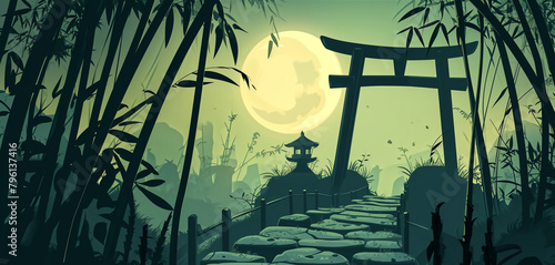 A serene Asian scene featuring a silhouetted torii gate, stepping stones, and pagoda under a full moon. 