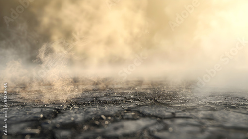 A blurry image of a foggy, desolate landscape with smoke in the background. Scene is eerie and mysterious, with the smoke and fog creating an atmosphere of uncertainty and unease