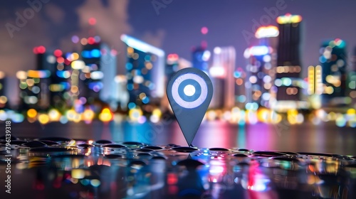 Navigational Search Engine Optimization Maps Blue Target Marker On City Lights Background (Generative AI)