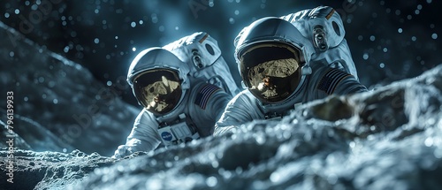 Closeup of astronauts in spacesuits on the surface of the moon