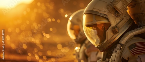 Close-up of astronauts wearing helmets, surface of Mars, exploring solar system