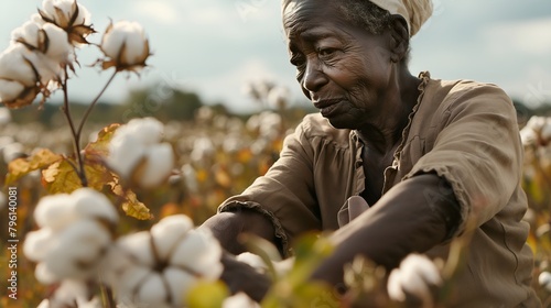 Old black slave woman picking cotton on a hot day