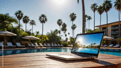 Laptop on table in tropical hotel with palm trees wallpaper on swimming pool in heat on trip. Remote work on vacation and travel, home office, internet, tours, resort