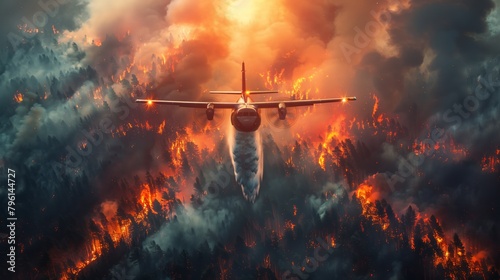 Forest fires, an airplane flies over a forest covered with thick smoke and fire. Plane drops water to extinguish fire