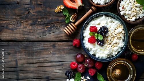 Cottage cheese with fruits berries honey and nuts ricotta cheese with fruits copy space directly above