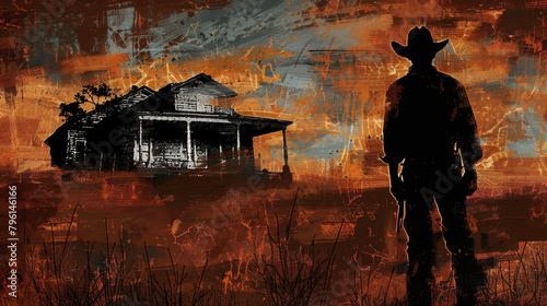 A painting of a rugged cowboy silhouetted against a dilapidated mansion symbolizing the fragility of the settlers existence. .