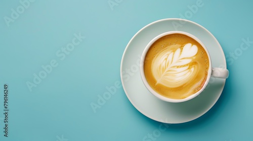cup of cappuccino on blue background
