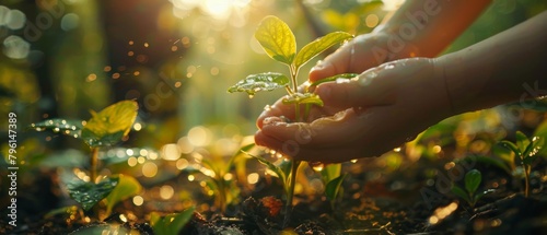 A close-up image of hands gently holding and taking care of a young green plant in soil with a backdrop of a sunlit forest