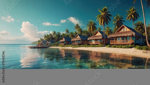 Modern tropical bungalow with a thatched roof on the beach with palm trees by the sea. Rent accommodation on a trip, a secluded vacation in a separate bungalow