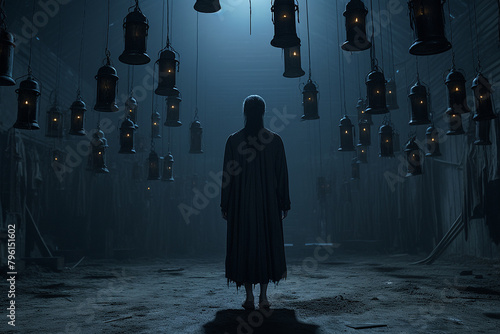 Silhouetted person stands in a dim, lantern-lit room, evoking a sense of mystery