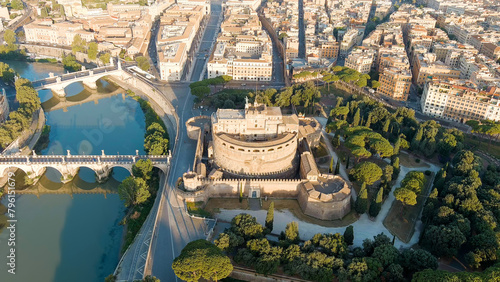 Rome, Italy. Tiber River. Castel Sant Angelo. Morning hours, Aerial View